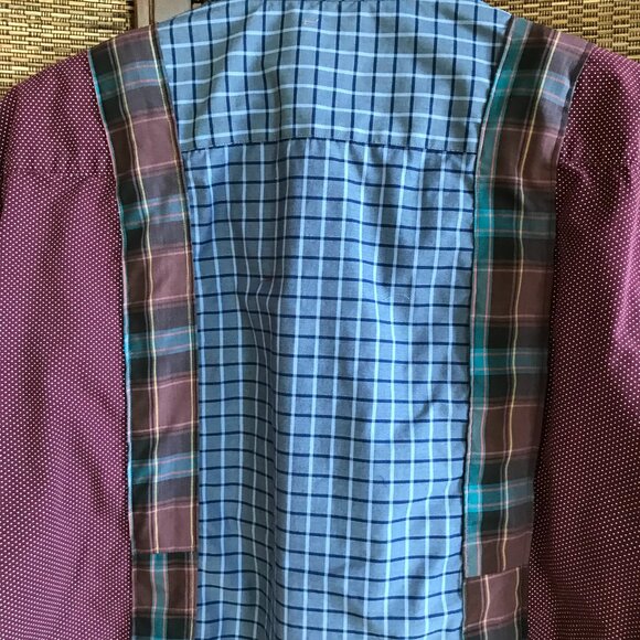 Upcycled Patchwork Button-Down Shirt, Size M-L: Boho Blue Purple Polka Dot Top - Picture 4 of 15